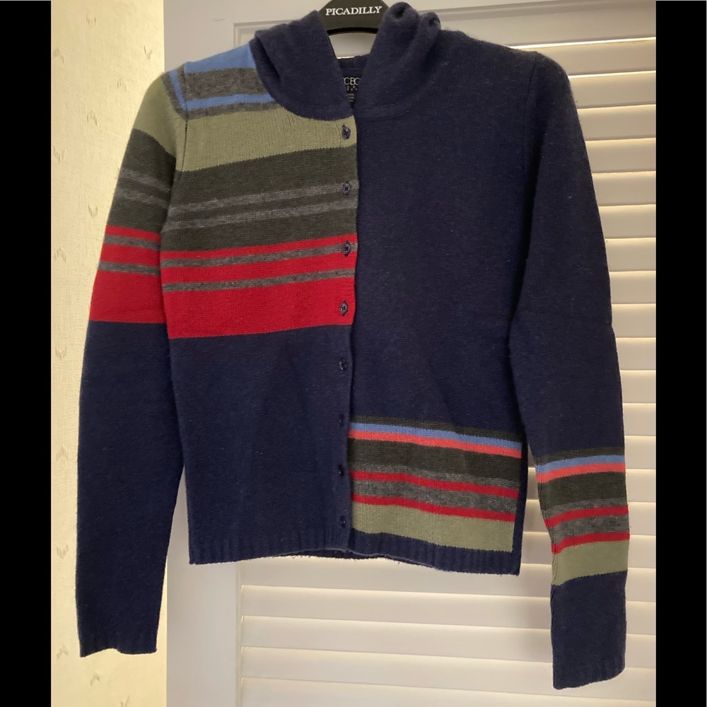 BCBG MaxAzria Colorblock Striped 100% Cashmere Cardigan Soft Blue Sweater